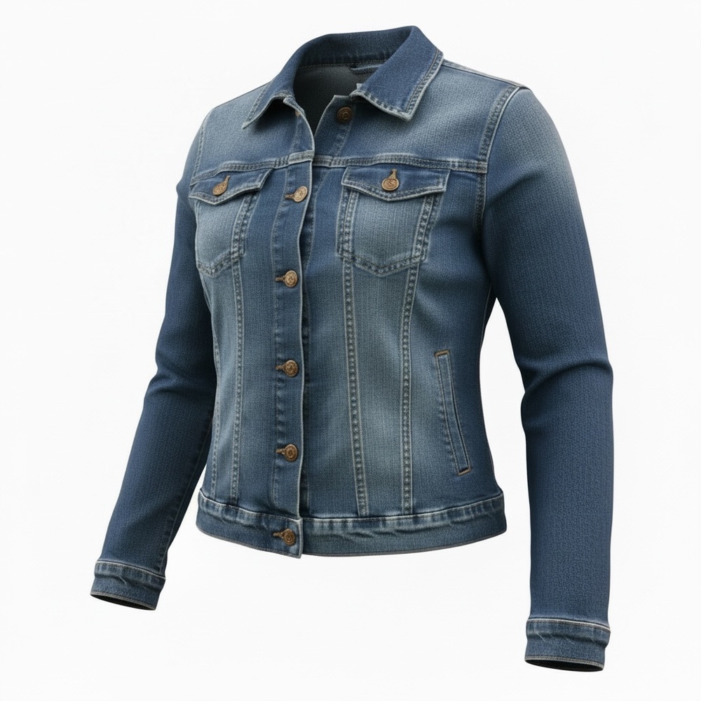 Classic Semi Fitted Medium Wash Blue Jean Jacket Collared Denim Button Up Pocket
